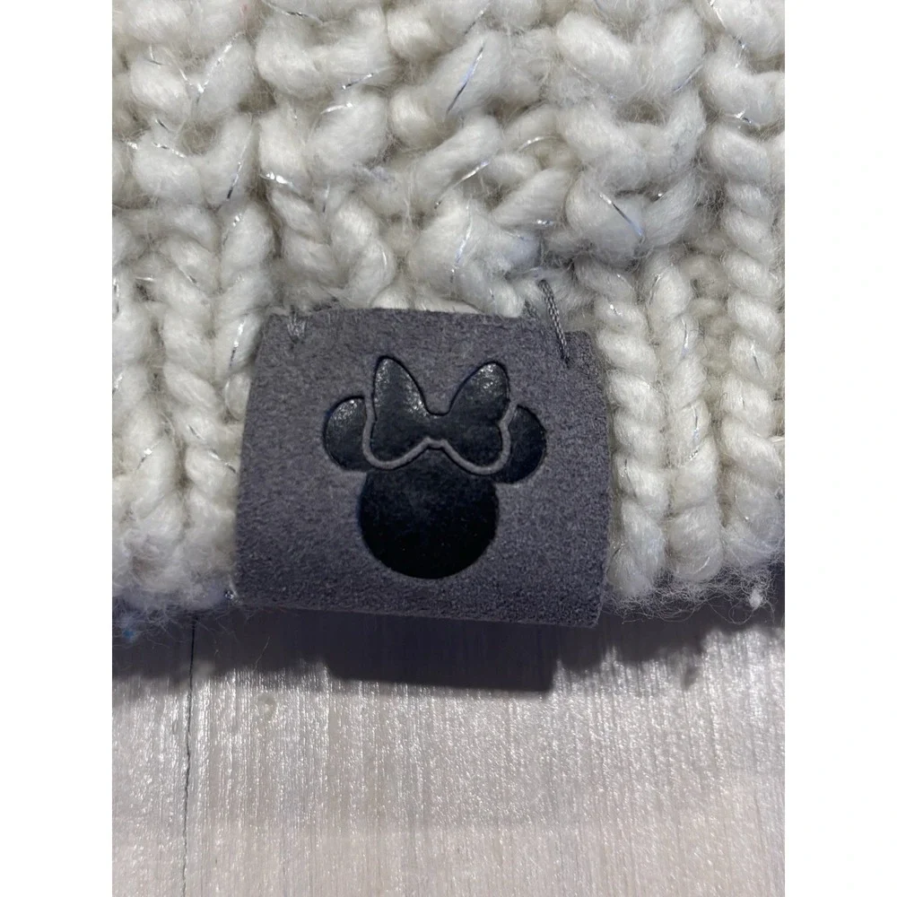 Disney Parks Adult Cream Knit Beanie Hat‎ Faux Fur Pom Poms Bow One Size
